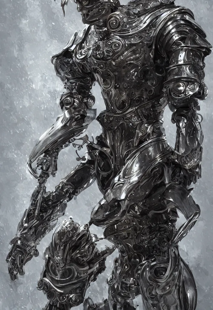 Image similar to powerful male tin man, willem dafoe as tinman, full body character concept, covered in full metal armor, art nouveau, super powers, fantasy, intricate, elegant, highly detailed, digital painting, artstation, concept art, shining, sharp focus, illustration, art by stanley lau