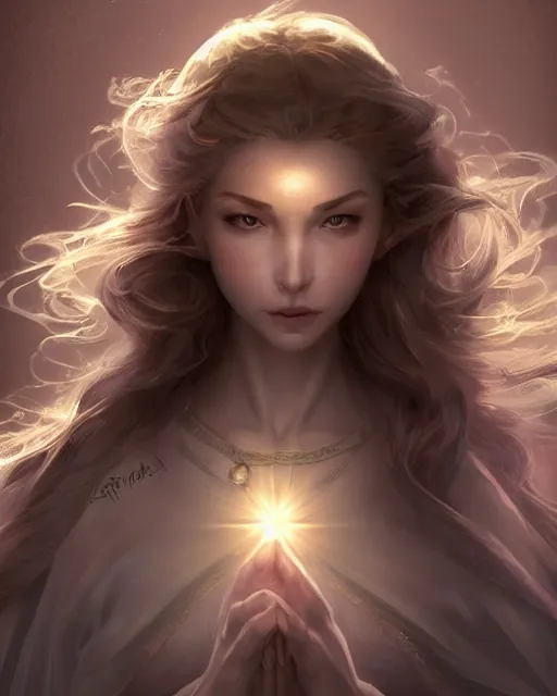 Image similar to a beautiful female cleric, ethereal, dreamy, backlit, highly detailed, stern expression, realistic lighting, sharp focus, windswept, rule of thirds, symmetrical facial features, by artgerm, wlop, rossdraws, frank frazetta, andrei riabovitchev, trending on artstation, hd, 4 k, fantasy