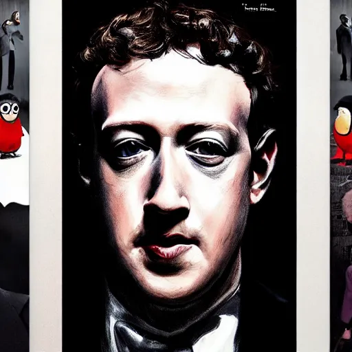 Image similar to mark zuckerberg as the penguin in Batman returns directed by Tim burton movie poster portrait concept art