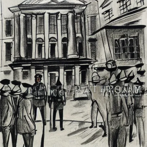 Image similar to The drawing depicts a police station in the Lithuanian city of Vilnius. In the foreground, a group of policemen are standing in front of the building, while in the background a busy street can be seen. screen printing by Heinrich Kley, by Wilfredo Lam daring, evocative