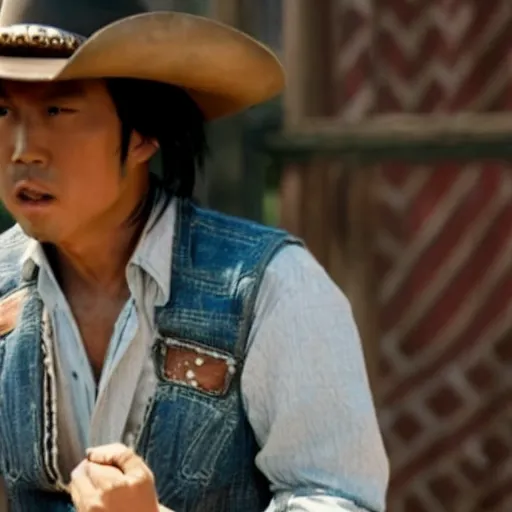 Prompt: Film still of Jacky Chan as cowboy in America movie