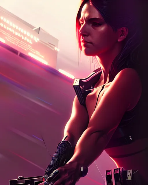 Prompt: cyberpunk synth, hyper - realistic portrait of a female hunter, dynamic wavy hair, dynamic body anatomy, detailed designs, digital painting, 4 k, by ilya kuvshinov, by greg rutkowski, atmospheric lighting