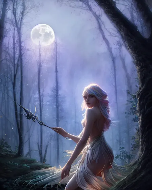 Image similar to attractive fairy goddness fly high in the night, d & d, fantasy, mist, full moon in background, trees, hyper detailed, art by artgerm and greg rutkowski and magali villeneuve, midium shot, 8 k realistic, cryengine, digital painting, trending on artstation, concept art, sharp focus, illustration,