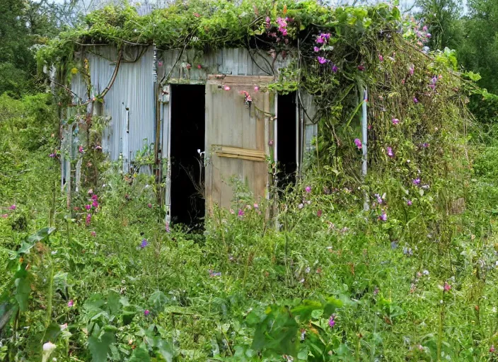 Image similar to post apocalyptic overgrown shed, covered in vines with wildflowers growing near the base, 3 PM sunny, humid