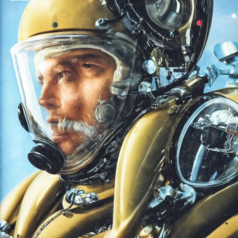 Image similar to beautiful extreme closeup portrait photo in style of frontiers in human deep diving helmet Helmets of Emperor Charles V the Wise science fashion magazine September retrofuturism edition, highly detailed, soft lighting