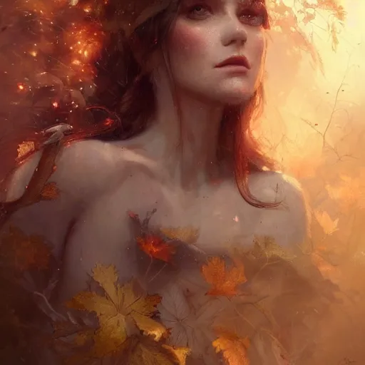 Prompt: portrait of a beautiful autumn fairy by greg rutkowski, fantasy, realism, trending on artstation