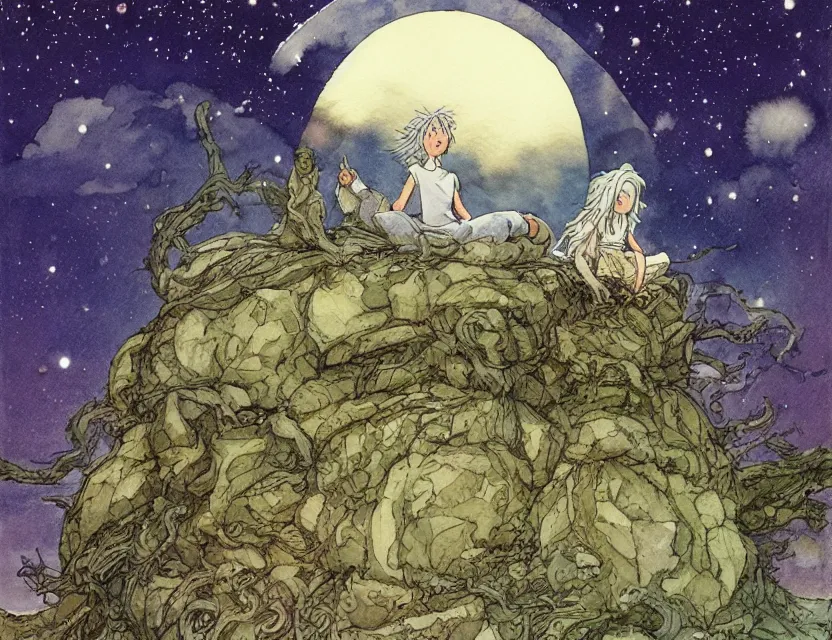 Image similar to a hyperrealist studio ghibli watercolor fantasy concept art of a giant long haired grey witch in lotus position sitting on top of stonehenge with a starry sky in the background. a ufo is in the sky. by rebecca guay, michael kaluta, charles vess