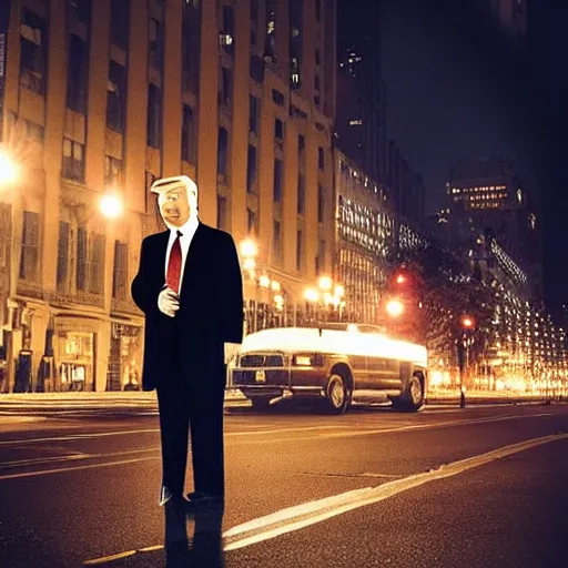 Image similar to “Very very impressive photo of Donald Trump standing in the middle of Fifth Avenue with a gun, atmospheric lighting, award-winning crisp details”