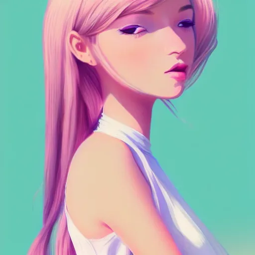 Image similar to happy adult female in sundress, summer dress, pastel light pink very long hair, muted colors, matte print, pastel colors, 2d, ultra highly detailed, digital art, digital painting, fan art, elegant, artstation, head is centered, by Ilya Kuvshinov