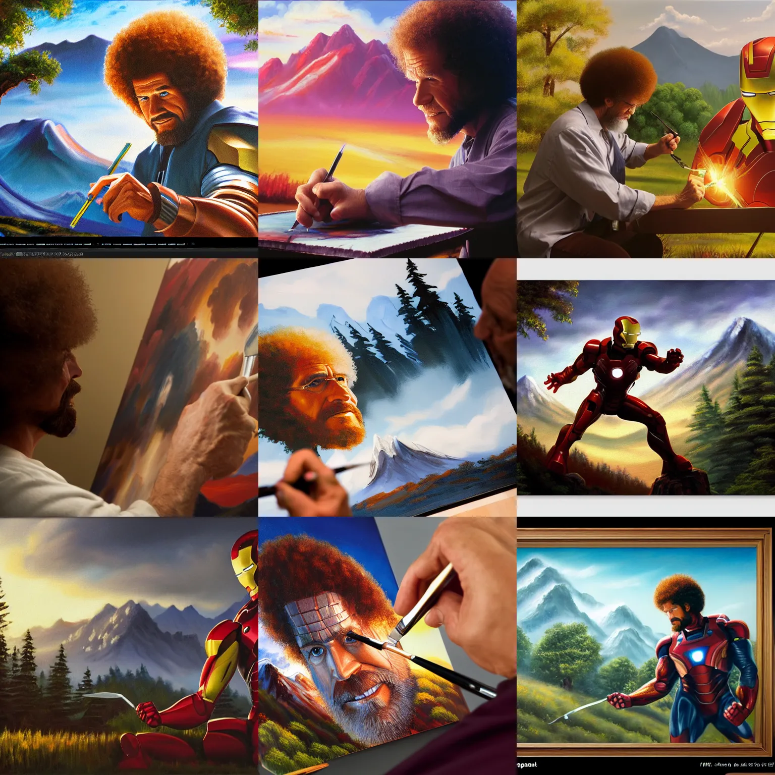 Image similar to a closeup photorealistic photograph of bob ross painting an image of iron man on a canvas. mountains and trees. film still. brightly lit scene. this 4 k hd image is trending on artstation, featured on behance, well - rendered, extra crisp, features intricate detail, epic composition and the style of unreal engine.