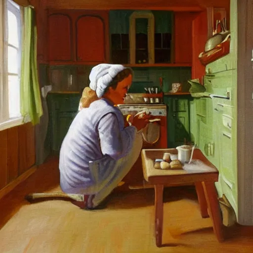 Image similar to a homey cozy painting of a mother baking in her kitchen