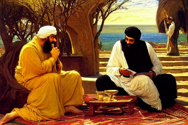 Image similar to the prophet mohammed reading salman rushdies book the satanic verses with a woman, being delighted and cheerful, whispering words of wisdom to her in solidarity with the author, painted by frederick arthur bridgman, oil on canvas