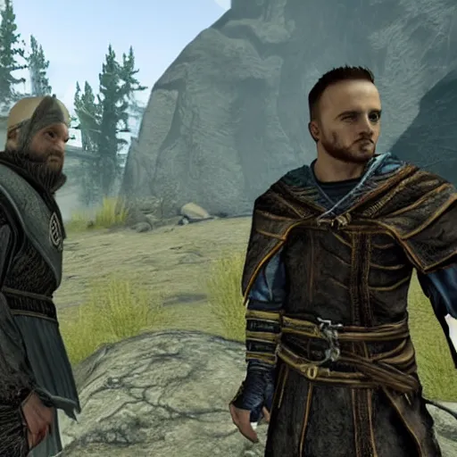 Image similar to jesse pinkman gets caught by riften town guard, tamriel, elder scrolls, skyrim, adventuring gear, highly detailed