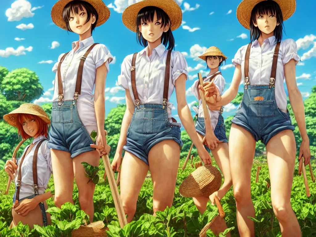 Prompt: mandragora farmer girls working on the sunny day, wearing a suspenders and straw hats, artgerm, artstation, art by hiroaki samura and jiro matsumoto and yusuke murata, box office hit, movie poster, unreal engine, octane render, sharp focus, high quality, highly detailed 8 k