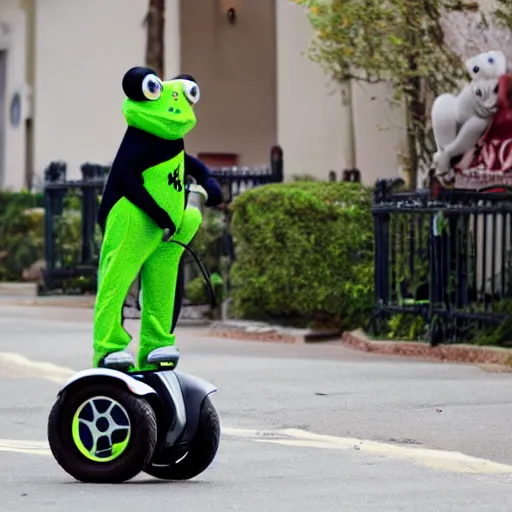 Prompt: elvis riding a segway in a frog costume