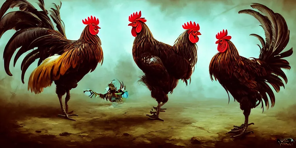 Image similar to digital painting of two roosters fighting, by karl wilhelm de hamilton and greg rutkowski, dieselpunk, steampunk, highly detailed, intricate, sharp focus, portrait, talons, anatomy, beak, wings