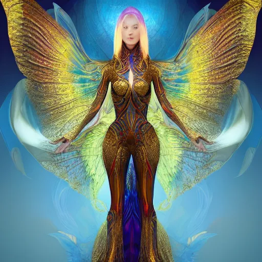 Image similar to a beautiful symmetrical woman full body wearing golden fabric with translucent colorful wings by alex gray and android jones , Karol Bak, Ayami Kojima, Amano , concept art, character design, fantasy,3D, 8k resolution