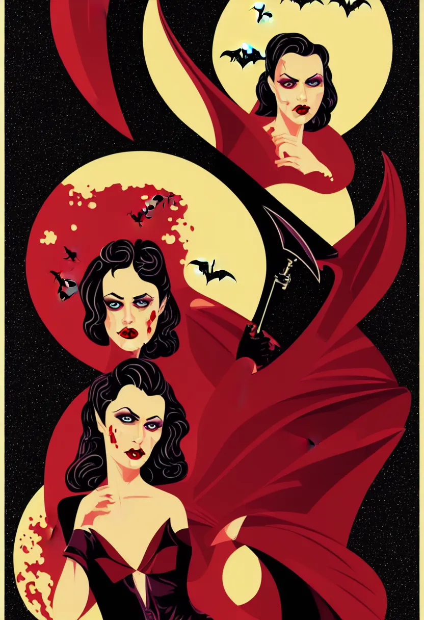 Image similar to vintage science fiction magazine poster portrait of an attractive vampire babe, bat wings, vector art, 8k, highly detailed illustration