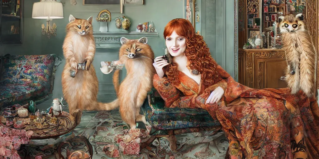 Image similar to a stunning hyper-detailed photorealistic painting of a slender beautiful smiling woman with long ginger hair and bangs, wearing a luxurious silk robe, wearing headphones and posing with her large ginger tabby cat and her raccoon and parrots in an overstuffed easy chair in her sunlit victorian living room, holding a porcelain parrot-shaped coffee mug and a donut, perfect eyes, fashion photography, cinematic lighting, octane render, IBEX Masters, unreal engine, 85 mm lens,