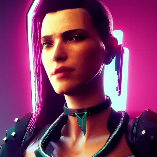 Image similar to female V from Cyberpunk 2077 wearing spiked choker, collar, choker, punk, collar, 4K, realistic, futuristic, spiked collar, artstation, wallpaper,