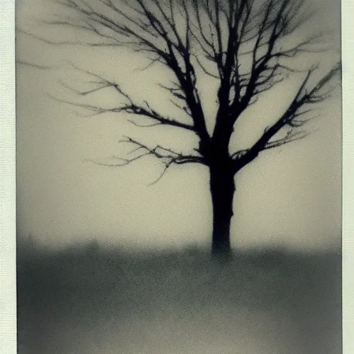 Prompt: liminal space, many crows sitting in a black tree on a hill, fog, black and white polaroid, dust, stains, static, noise, yellowed