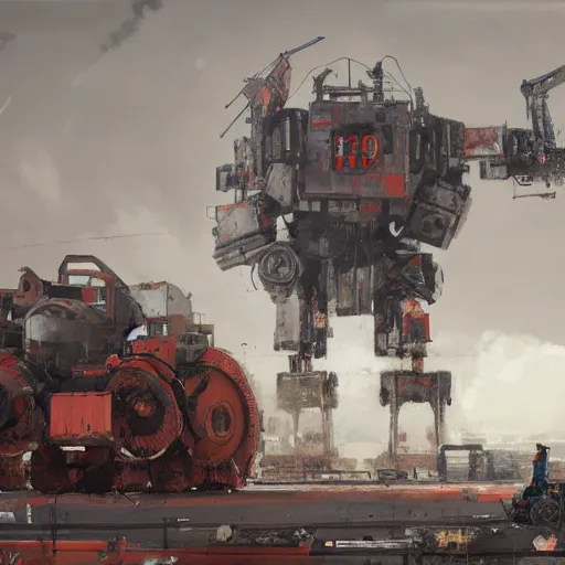 Image similar to construction of a giant soviet mech at the factory by jakub rozalski