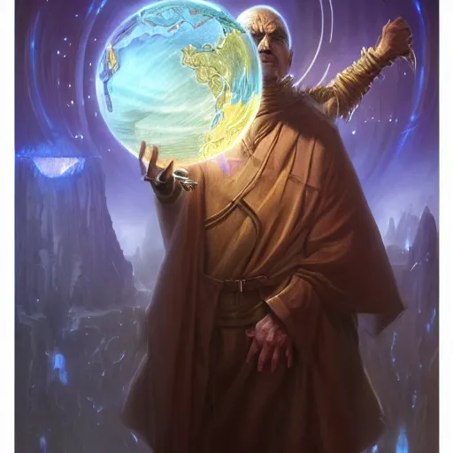 Image similar to the creator of worlds wearing a cloak and holding a holographic planet projection in his hand, detailed, sci - fi, digital painting, artstation, sharp focus, illustration, ominous, artgerm, tomasz alen kopera, peter mohrbacher, donato giancola, joseph christian leyendecker, wlop, frank frazetta