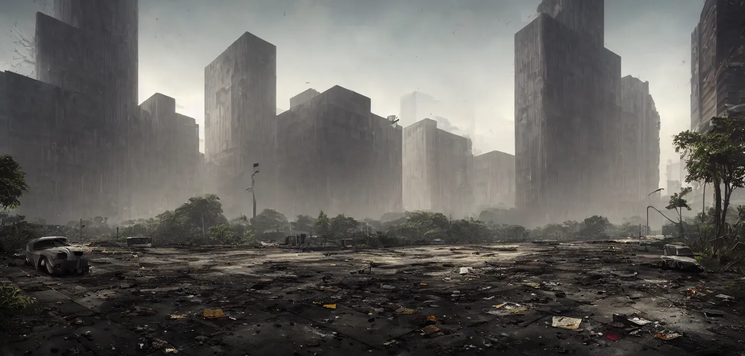 Prompt: ground level, brutalist buildings, abandoned, empty streetscapes, overgrown jungle, natural volumetric light, mist, sunset, rusted steel, concrete, glass, stunning skies, scattered rubbish and debris, 8 k, finely detailed, unreal engine, imax, cinematic, beautifully illustrated, sharp focus, minimal artifacts, doom, greg rutkowski, artstation