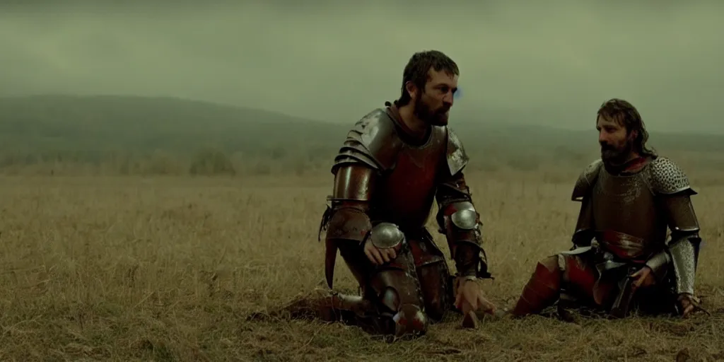 Image similar to film still of closeup a one knight stands on knee with a bloody heart in his hand by emmanuel lubezki