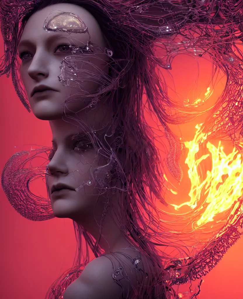 Image similar to close-up portrait of the face of a beautiful gloomy gothic princess, epic angle and pose, symmetrical artwork, 3d with depth of field, blurred background, cybernetic jellyfish female face skull phoenix bird, translucent, nautilus, energy flows of water and fire. a highly detailed epic cinematic concept art CG render. made in Maya, Blender and Photoshop, octane render, excellent composition, cinematic dystopian brutalist atmosphere, dynamic dramatic cinematic lighting, aesthetic, very inspirational, arthouse. y Greg Rutkowski, Ilya Kuvshinov, WLOP, Stanley Artgerm Lau, Ruan Jia and Fenghua Zhong