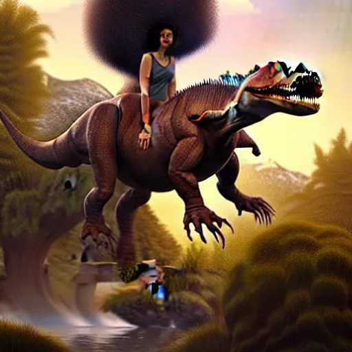 Image similar to bob ross!!! riding!!! a dinosaur!!, giant afro!, model pose, ultra realistic, concept art, intricate details, highly detailed, photorealistic, octane render, 8 k, unreal engine. art by artgerm and greg rutkowski and alphonse mucha