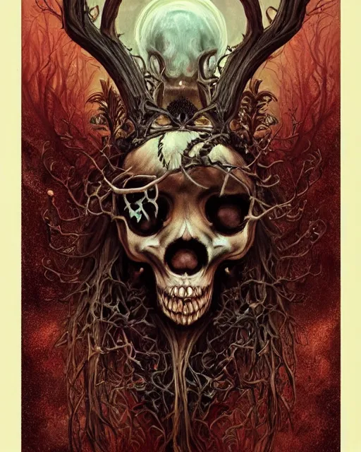 Image similar to perfectly centered portrait front view of a angry dead rotten beautiful dear skull growing ornamentation all around, ornate, detailed, symmetrical, elegant, beautifully soft lit, by wayne barlowe, peter mohrbacher, kelly mckernan