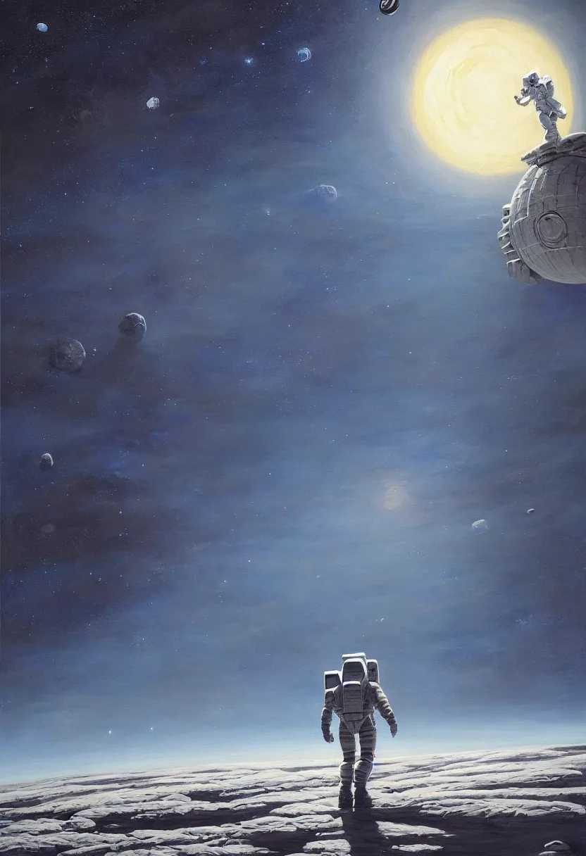 Image similar to an epic painting of a futuristic solitary astronaut walking along an airless icy planet in the endless starry night of space, unreal 5, DAZ, detailed, soft focus, brilliant, 4k, 8k, HD, trending on artstation, art by Rick Guidice painting by Robert McCall by John Harris, abstract