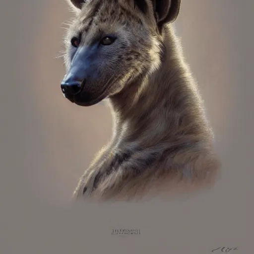 Image similar to portrait of a hyena girl, furry body, fluffy neck, large ears, intricate, elegant, highly detailed, digital painting, artstation, concept art, smooth, sharp focus, illustration, art by artgerm and greg rutkowski and alphonse mucha and william - adolphe bouguereau