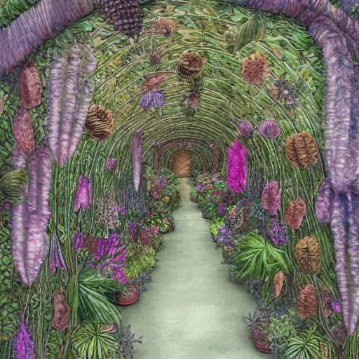 Image similar to delicate garden on paper, spirals stony, floating robes, puffy, vines, botanical herbarium, botanic watercolors, coastline, iridescent, 8 k wide angle, realistic shaded, fine details, artstation, italian, rainbow, colonnade, oak, pinecone, pomegranade, vines, gardena architecture, pompeian, sicilian, boundary walls