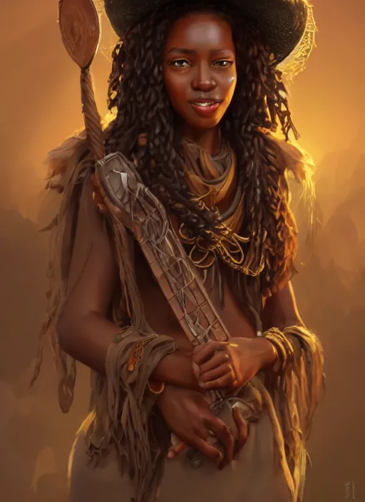 Image similar to a highly detailed illustration of long curly haired african girl wearing cowboy hat and brown poncho, dramatic playing banjo pose, intricate, elegant, highly detailed, centered, digital painting, artstation, concept art, smooth, sharp focus, league of legends concept art, WLOP