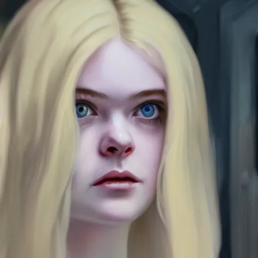 Prompt: Painting of Elle Fanning in Cyberpunk 2077, long blonde hair, delicate, pale milky white porcelain skin, by Edward Hopper. 8K. Extremely detailed.