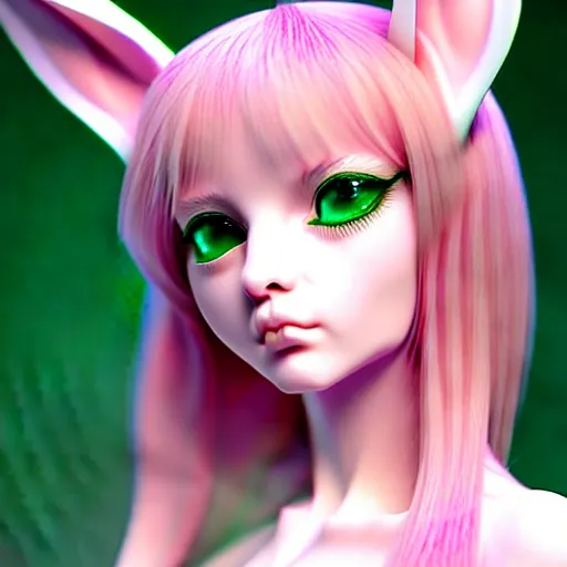 Prompt: ultrarealistic sweet bunny girl, intricate details, green eyes, 8K, long hair, fluffy, pink