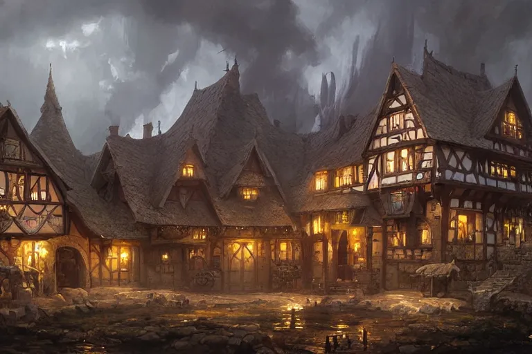 Prompt: fantasy house tavern in german medieval style, concept art on gray background, darek zabrocki, greg rutkowski noah bradley,