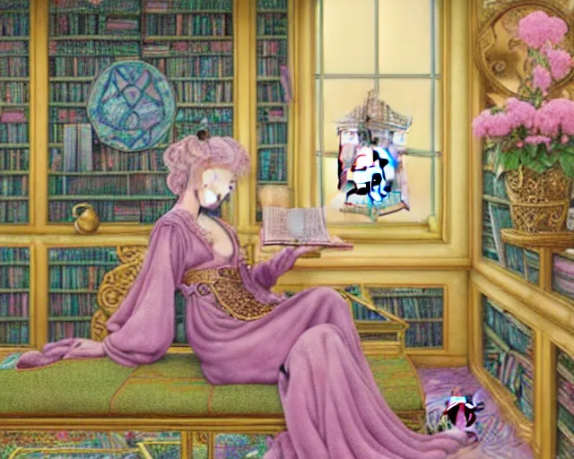 Image similar to a detailed fantasy pastel portrait of a woman wizard in ornate clothing lounging on a purpur pillow on the marble floor in front of her bookcase in a room, reading an ancient tome. to the side is a potted plant, moody light. ancient retrofuturistic setting. key art, focus on face, by chie yoshii and casey weldon