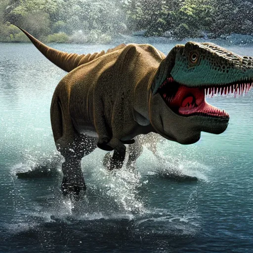 Image similar to a photo of a dinosaur swimming in a lake, realistic, ultra high detail, 8 k.