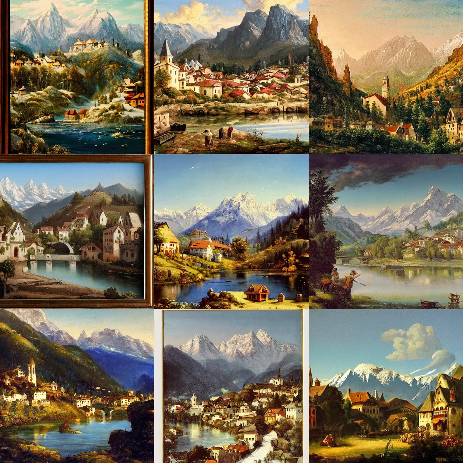 Prompt: Small city with Alps mountainscape behind it, romanticism painting, highly detailed, trending