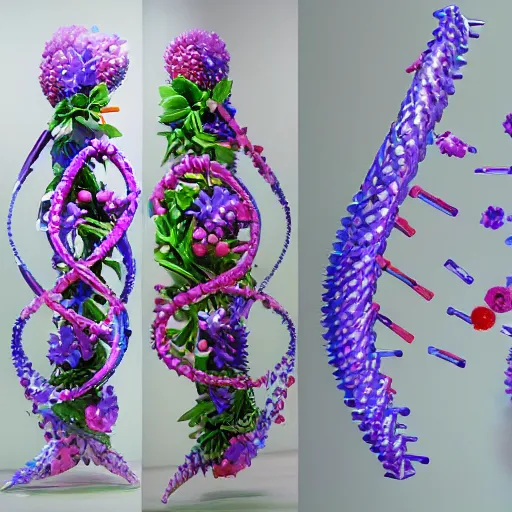 Prompt: DNA, deoxyribonucleic acid, futuristic, made with flowers and plants, very detailed, beautiful