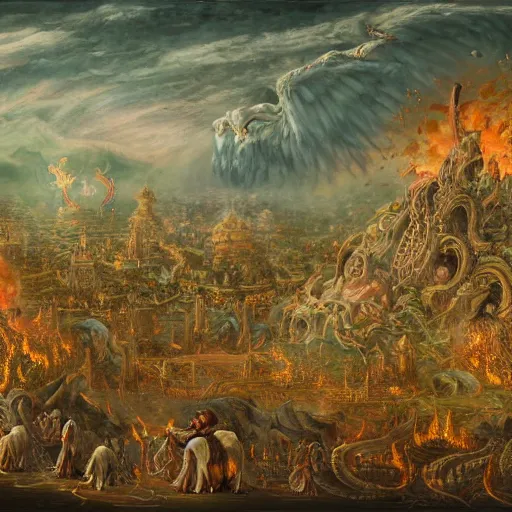 Image similar to intricate scenery of a delirium of creatures and feminine demons and gods and angels running with dragons elephants centipede and birds into the explosion of god in the act of creating the biggest city landscape ever created in the burning sun of anthropocene, flemish painting, highly detailed, intricate, ornate, digital art