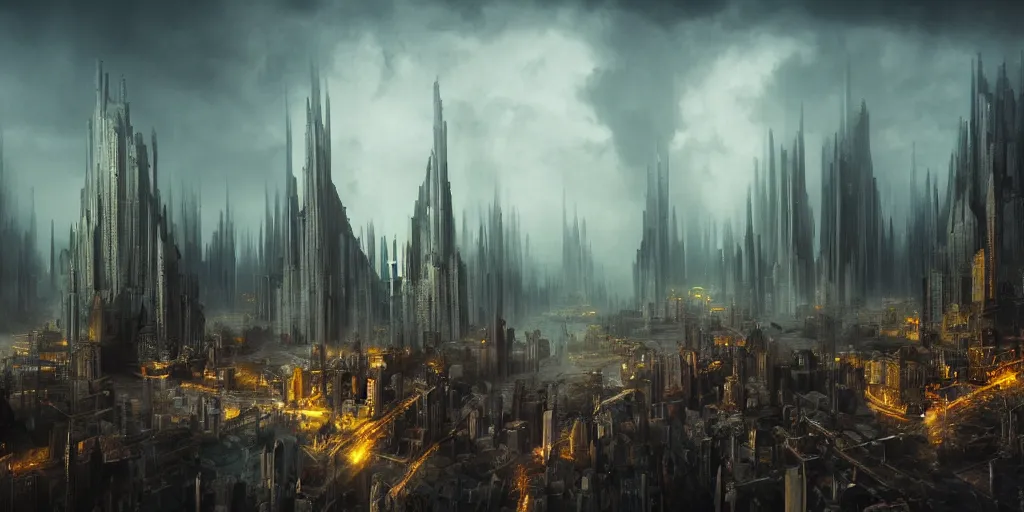 Prompt: a sprawling fantasy city inspired by brutalism with high towers, photorealistic, movie concept art, magical atmosphere, maximalist, cinematic lighting, cinematic atmosphere, Extreme long shot, extreme wide shot, octane, matte painting, volumetric lighting, atmosphere, mist, fog, clouds, Matte painting, v-ray,