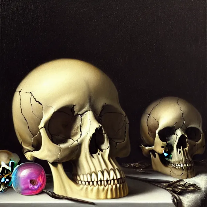 Image similar to still life painting of a skull with neon glowing crystal eyes, surrounded by various crystals, by pieter claesz, oil on canvas, strong lighting, highly detailed, hyper realism, golden hour, god rays, hd, 4 k