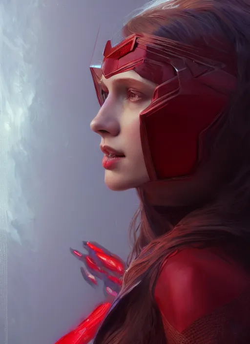 Image similar to Scarlet Witch, portrait, full body, hyper detailed, digital art, trending in artstation, cinematic lighting, studio quality, smooth render, unreal engine 5 rendered, octane rendered, art style by klimt and nixeu and ian sprigger and wlop and krenz cushart