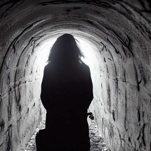 Prompt: woman explores sterile tunnels, fear and dark misery, future, cinematic