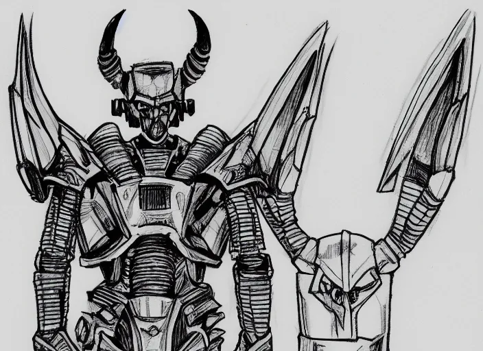 Prompt: professional basic drawings of evil warlord robot with horns