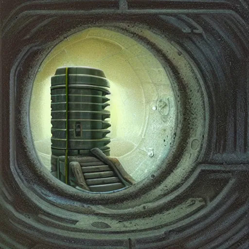 Image similar to side cutout view of a fantasy ctiy built into the walls of a cylindrical pit, painting by Peter Elson